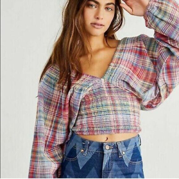 Free People Marlena Plaid V Neck Top - Picture 1 of 6